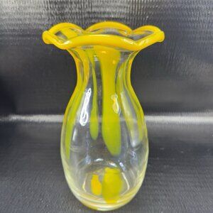 Venetian Art Glass Vase With Ruffled Wavy Edge Top Yellow Spots Clear Glass Vase